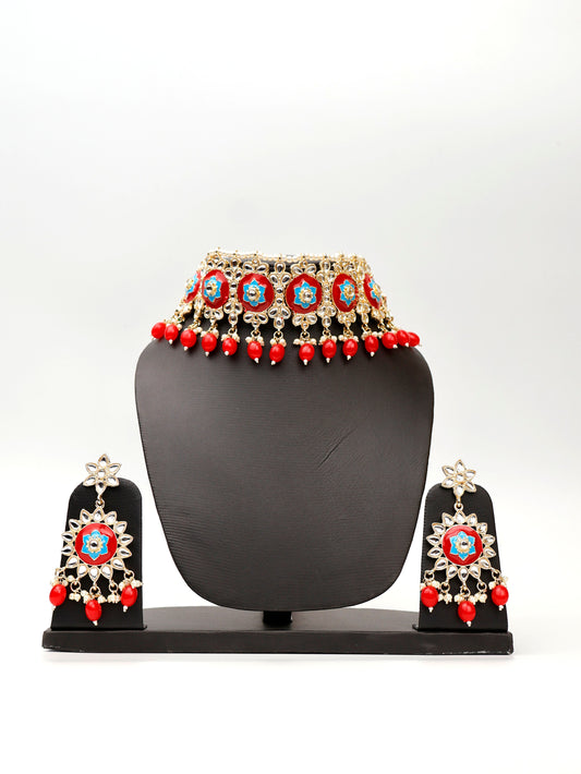 Multicolor Kundan and Pearl Choker Style Necklace Set with Earings and Mang Tikka-1