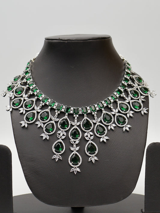 Green Stones Reverse AD Necklace Set with Earings-1